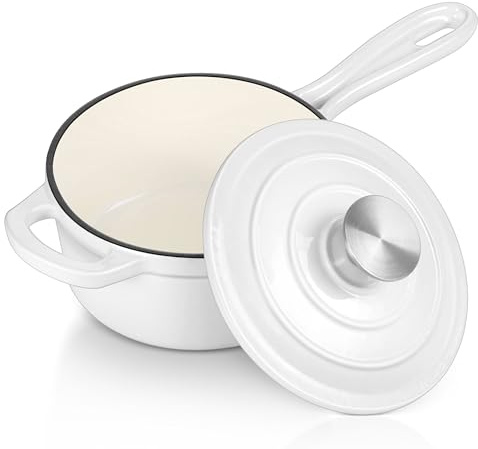 Enameled Cast Iron Sauce Pan with Lid, Leonyo 2 Quart Saucepan with Lid, Small Enamel Cast Iron Dutch Oven Kitchen Cookware for All Cooktops Making Pasta Sauce, Soup, Milk - Up to 500°F & White