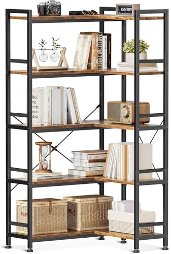 Coleshome 5-Etagen Eckregal L-Form, Standregal, 145.5cm, Braun | Einfache Montage Kompakt Vintage Offene Regale Verstellbar Kippschutz Kratzfest Aufbewahrung Wohnzimmer Schlafzimmer Büro