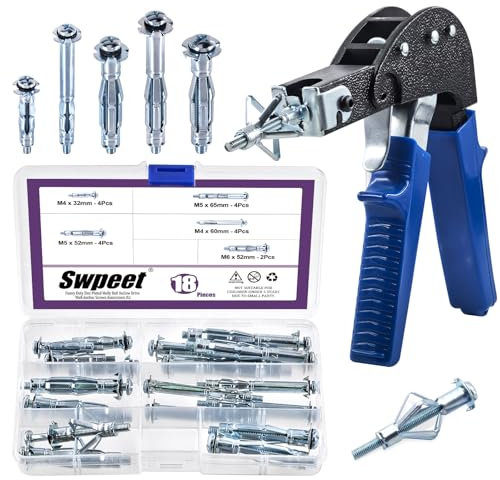 Swpeet 19Pcs 5Sizes M4 M5 M6 Zinc Plated Carbon Steel Hollow Drive Wall Anchor with Wall Anchor Setting Tool Assortment Kit, Molly Bolt Drive Anchor Kit for Drywall