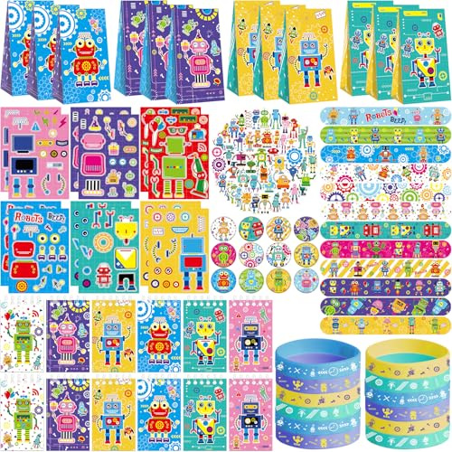 Lilwemen Robot Party Favors - Roboter-Thema Geburtstag Party Supplies Dekorationen, Geschenk-Taschen, Slap Armbänder, Gummi Armbänder, Aufkleber, Button Pin, DIY Aufkleber für Jungen Mädchen Kinder