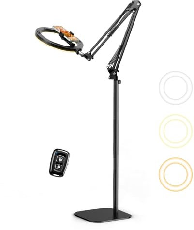 10 Ring Light with Stand & Phone Holder Overhead, Dimmable LED Circle RingLight for Videos/Photos,3 Colour Modes + 10 Brightness Levels, CRI>95,360° Rotating, Adjustable to 70.8 (USB Powered)