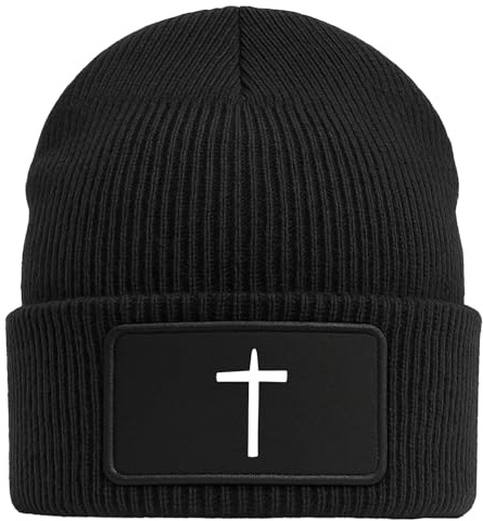 Huuraa Beanie Kreuz Christentum Geschenk | Black Geschenkidee Schwarze Rippstrick Wintermütze mit austauschbarem Klett Patch