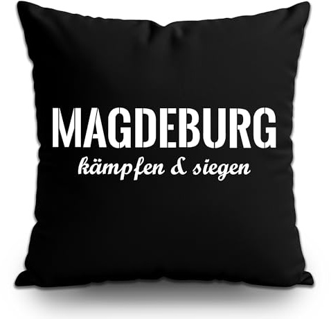 UGLYSHIRT Magdeburg Kämpfen & Siegen Kissen | Kissenbezug mit Fußball Spruch – Szene Deko für Fans aus Sachsen-Anhalt – 40x40 cm Sofa Couch | M3 Schwarz mit Füllung