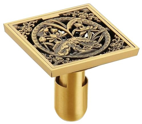 Scarico A Pavimento Quadrato, Scarico Per Doccia Quadrato Sifone, 10cm Scaricos A Pavimento Con Coperchio Fiore Intagliato Per Bagno, Giardino, 100 Mm X 100 Mm(Hibiscus,Deep water)