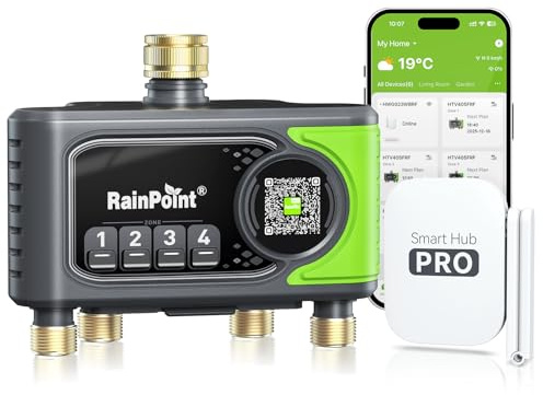 RAINPOINT Bewässerungscomputer WLAN mit 4 Ausgängen, Messing Ein- und Ausgang, Bewässerungsuhr 4 Zonen mit wetter- & bodenbasierter Steuerung, App- & Sprachsteuerung für Garten und Rasen