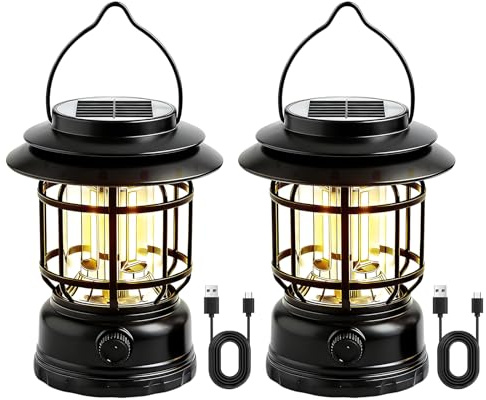 2 Stück LED Campinglampe Solar, Solar Camping Licht Dimmbar, USB Aufladbar Retro Camping Laterne, IPX4 Wasserdicht LED Campinglampe Tragbar für Angeln Notfall Zelt Outdoor Wandern (Schwarz)