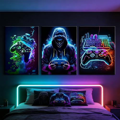 Xiyocadt 3 Stück Gaming Poster, Gamer Poster, Cooles Neon Spiel Thema Jungenzimmer Wandbilder, Gaming Bilder für Teenagerzimmer & Gamer Nischenräume, Ungerahmt (30 x 40 cm)