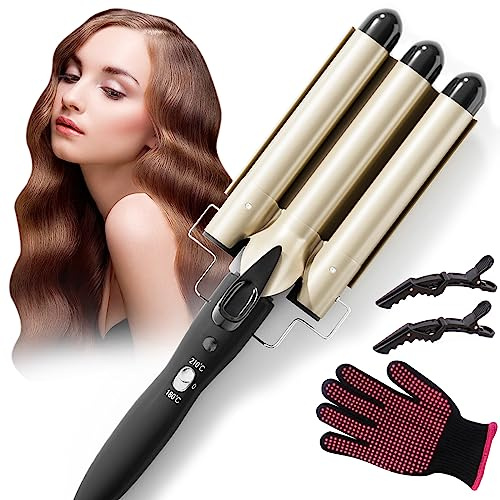 Guyisile Lockenstab 3 Fässer Welleneisen 22mm Mit 2 Clips und Handschuh | Große Welleneisen für Haare Beach Waves Lockenwickler,Turmalin Keramik Curling Iron Schnelle Erwärmung Für alle Haartypen