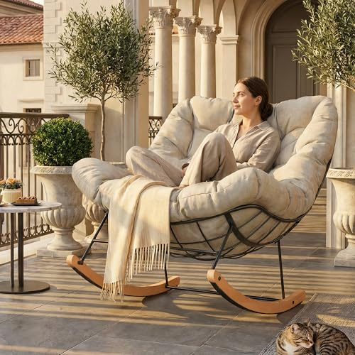 FLEXISPOT Schaukelstuhl Garten, Schwingsessel mit Kopfkissen, wasserfester Bezug, gepolsterter Relaxstuhl bis 159 kg, für Wohnzimmer, Schlafzimmer, Balkon, Beige