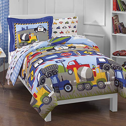 Dream Factory LKW Traktoren PKW Jungen blau und rot 5-teilig Twin Tröster-Bettlaken-Set