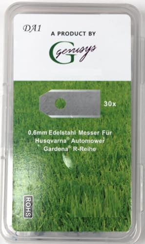 Genisys 30x Ersatz Messer Klingen kompatibel für Husqvarna Automower ® / Gardena Mähroboter (0,60 mm) + 30x ELOXIERTE Schrauben in der NEUEN wiederverschließbaren Hard-Box