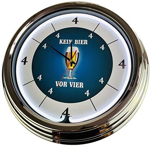 US-Way.de Kein Bier Vor 4 – 44 cm Durchmesser, Deko-Wanduhr ohne Tickgeräusche und gut lesbares Display, USA 50er-Jahre-Stil Neon-Uhr für Küche, Büro (Weiß)