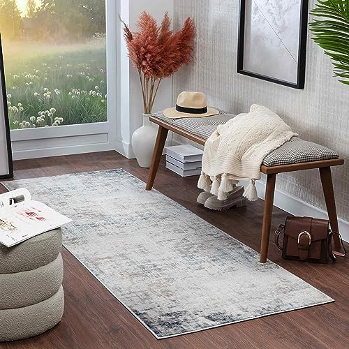 Livabliss Utrecht Teppich Läufer modern – Abstrakt Design in Marmor Optik für Wohnzimmer 80x220 cm, Esszimmer, Schlafzimmer – Marmor Teppich groß, weicher Teppich Kurzflor in Elfenbein, Grau, Blau