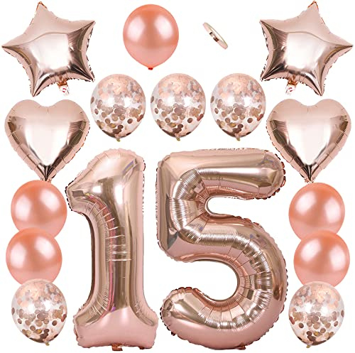 Ceqiny 16 Stück Roségold Luftballon Kit 15. Geburtstag Partyballon 40 Zahl 15 Folienballon 12 Helium Konfetti Latexballons 18 Herz Sterne Mylar Ballons Dekorationen für Mädchen Kinder Tochter