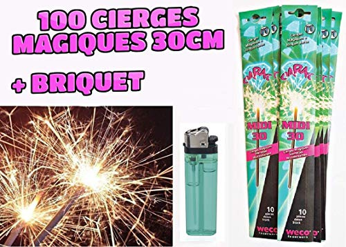 Weco - 100 Stück Wunderkerzen (funkelnd oder funkelnd) Größe XL 30 cm, 70 Sekunden Brenndauer + Feuerzeug Kategorie F1