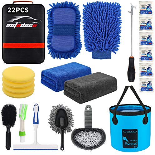 AUTODECO 22-teiliges Auto-Reinigungsset mit schwarzer Leinentasche, Faltbarer Eimer, Waschhandschuh, Schwamm, Handtücher, Reifenbürste, Fensterkratzer, Staubwedel, komplettes Autopflege-Set