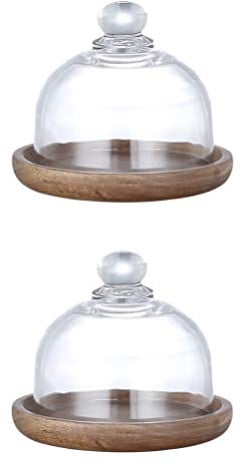 BESTonZON Cloche en verre avec assiette,Mini support à gâteau avec cloche en verre,Pour dessert, fruits, cupcake,Artisanat, paysage,Cloche en verre,2 jeux,Pour restaurant, fête à la maison