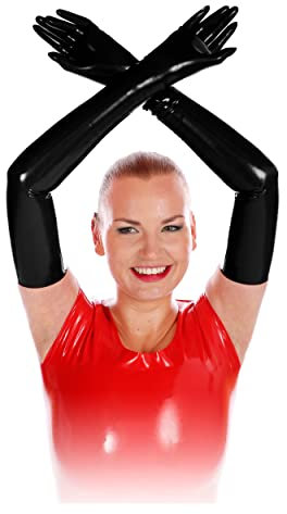 Rubberfashion Latex Handschuhe lang - Rubber Gloves - Latexhandschuhe für Damen und Herren Paar schwarz 0.4mm S