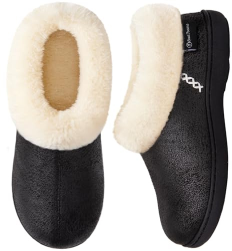 EverFoams Women's Fuzzy Plush Lined Slippers Black,Size 3-4 UK