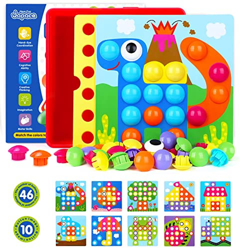 Japace Button Art Toys, Montessori Toy for Toddlers 2 3 4 Year Olds Mosaic Peg Boards Game Color Matching Mushroom Nails Jigsaw Puzzle with Pegs Educational Toddler Toys & Gifts for Boys Girls