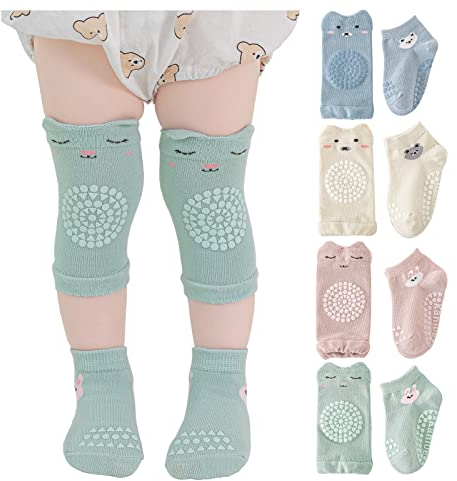 Huakunda 4 Paar Baby Knieschoner Baby Socken, Unisex Beinwärmer Kleinkind Anti-Rutsch mit Gummipunkten zum Krabbeln 0-36 Monate (S, 02)