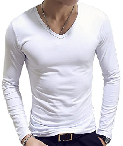 iEFiEL Men Long Sleeve Athletic Shirts Slim Fit Cotton V Neck Undershirt Casual Solid Color Tops White M