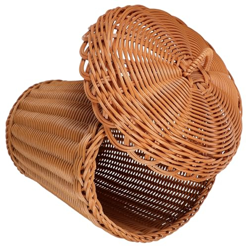 Cabilock Woven Storage Baskets with Lid: Round Wicker Waste Paper Basket Wastebasket Garbage Bin Trash Can for Bedroom Bathroom Kitchen Home Office, Brown, 24.5X24X16CM