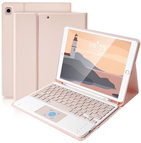 SOPPY Bluetooth Keyboard Case with Touchpad for iPad 9th Gen 2021, 8th Gen 2020, 7th Gen 10.2 2019, Air 3 & Pro 10.5, Detachable Wireless, Slim Protective Cover, with Pencil Slot, UK Layout, Pink