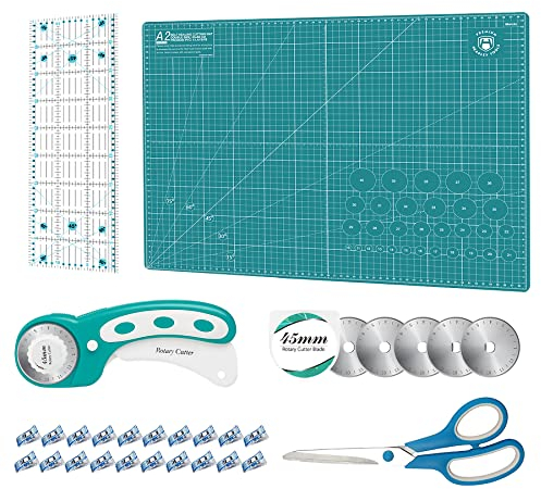 Set di taglierine rotanti – Kit per trapuntatura con taglierina per tessuto da 45 mm, 5 lame rotanti extra, tappetino da taglio autorigenerante A2, righello acrilico e clip da cucito, forbici, ideale