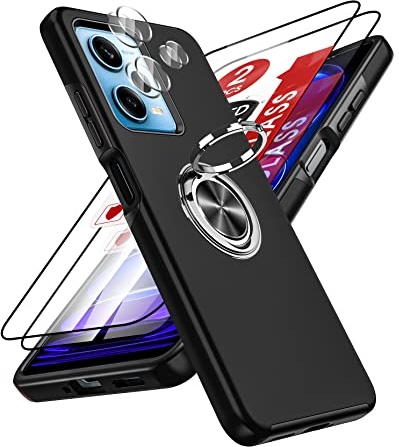 LeYi Handyhülle für Xiaomi Redmi Note 12 Pro 5G Hülle mit 2*Schutzfolie & 2*Kamera Folie, TPU+PC Militärschutz Hybrid Schutzhülle mit 360° Ring Ständer Stoßfest Schwarz