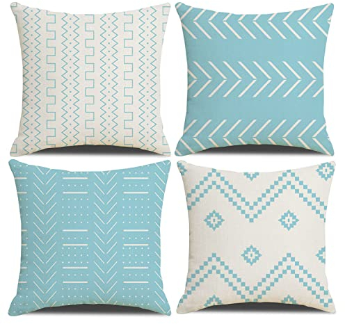 DWDC Fundas de Cojines 50 x 50 cm Fundas de Cojines Farmhouse, Juego de 4 Fundas de Cojín Cuadradas con Textura Patchwork Azul para Sofá Silla Dormitorio Decoración Moderna Hogar Oficina Sofá Jardín