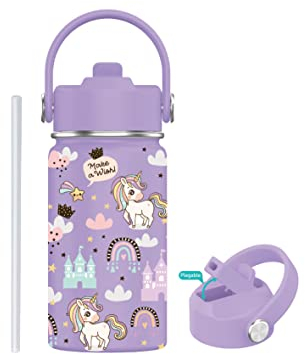 Botella de Agua para Niños de Acero Inoxidable 350ml - Botella Térmica Reutilizable | Sin BPA | Mantiene 24H Frio / 12H Calor | Termo y Hermética - Doble Pared a Prueba de Fugas (Unicornio Lila)