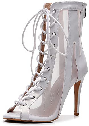 RUYBOZRY Scarpe da Ballo Latino da Donna, Lace Up Sala da Ballo Partito Salsa Stivali Punta Aperta con Tacco Alto Stivaletti,QJW-7235-Bianco-8.5-428,EU43