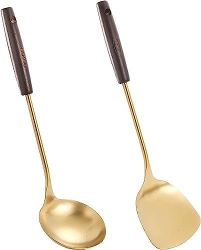 Wok Spatula y cucharón wok utensilios, 14-14.8 pulgadas Wok espátula,Acero inoxidable Golden Wok Juego de cucharón