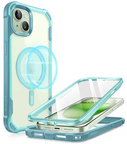 i-Blason Ares Mag Hülle für iPhone 15 Plus (6.7) 2023, Kompatibel mit MagSafe, Bumper Case Transparent Handyhülle Robust Schutzhülle Cover mit integriert Displayschutz, Seafoam