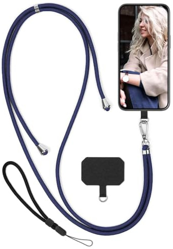 moex Unleash für Xiaomi 13 Pro Handyband zum Umhängen ohne Hülle, Handykette Universal mit Karabiner, Handy Band abnehmbar, Kette mit Pad für Handyhülle, Blau, Silber