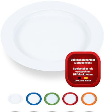 unisonoPLUS - Plato de porcelana con borde deslizante oculto de 26 cm, para personas mayores, con una sola mano, calidad gastronómica, resistente y atemporal