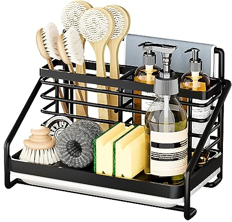 Nexoria Spülbecken Organizer, Spülbecken Caddy Organizer Edelstahl Utensilien Korb Für Spülmittel Organizer Mit Abtropfschale Edelstahl Küchen Organizer Für Küche Schwamm Organizer (Black)