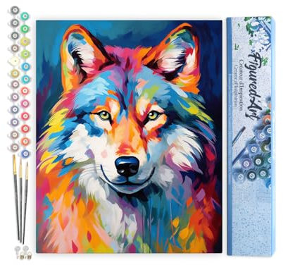 Figured'Art Peinture par Numéro Adulte Loup Coloré Abstrait - Activité Manuelle Kit de Loisir Créatif DIY Numéro d'Art Complet Animaux - 40x50cm sans châssis en bois