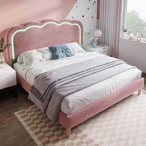 KUAKE Kinderbett Polsterbett 140x200cm,Doppelbett Bettgestell mit Lattenrost & Verstellbares Kopfteil, süßes Jugendbett mit LED-Kopfteil in Puff-Form, Gepolstertes Bett, Samt (Rosa, 140 x 200 cm)