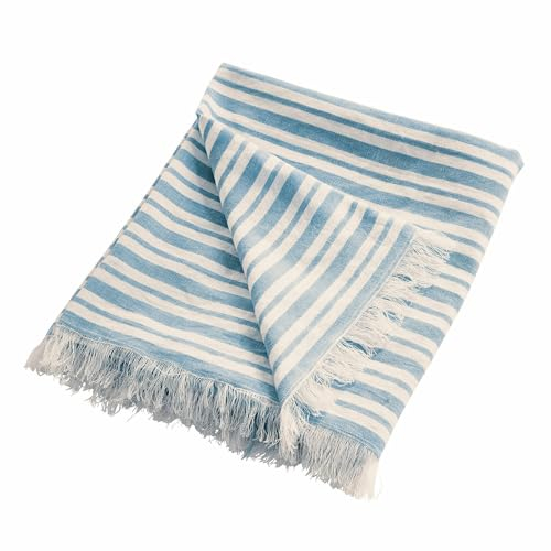 Loberon Plaid Anjoutey, Maritime Streifen, mit Fransen rundum, Zeitloses Design, Tagesdecke, Überwurf, Baumwolle, Leinen, blau/weiß