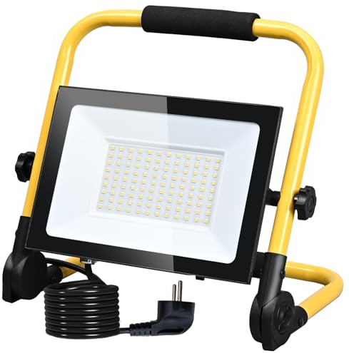 Hopelit LED Baustrahler 100W Warmweiß, Baustrahler LED Arbeitsleuchte mit Stecker und Rutschfest Faltbarer Ständer, Baustellenlampe Wasserdichtes IP66 für Garage, Baustelle etc.