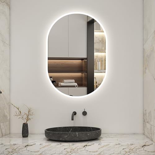Biubiubath LED Badspiegel Oval 50x90cm mit Touch/Wandschalter Anti-Beschlag 3 Lichfarbe Dimmbar Badezimmerspiegel Rundbahn Wandspiegel Kalt/Neutral/Warmweiß IP44