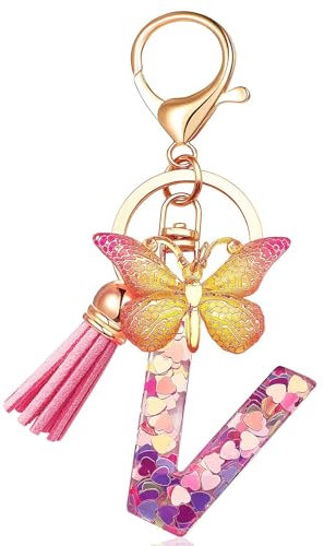 Vorysum Porte-clés rose avec initiale lettre porte-clés papillon porte-clés fille initiale cadeau gland or -porte clef femme