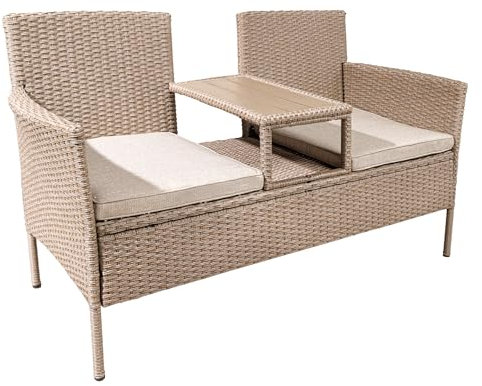 Riess Ambiente Moderne Gartenbank Portofino 140cm Natur beige Polyrattan Sitzbank mit Tisch wetterfest Terrassenbank Balkonbank Polsterbank inkl. Tisch