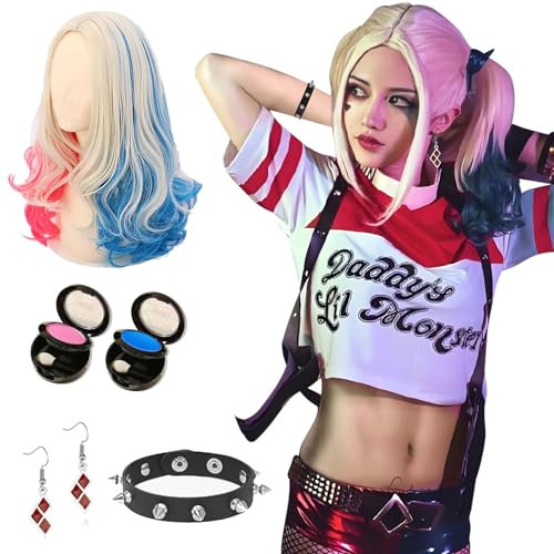 Ronronner Quinn Perücke, Quinn Cosplay Perücke, Rosa und Blaue Perücke, Filmheldin Cosplay Perücke, Zubehör Perücke für Mädchen Karneval Cosplay