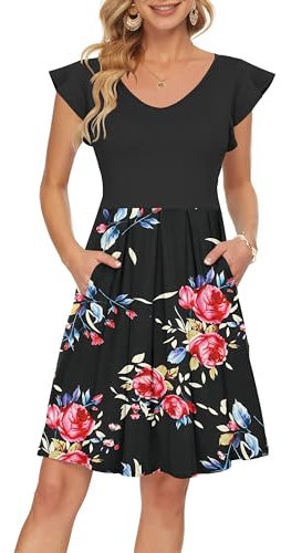 PLOKNRD Sommerkleid Damen V-Ausschnitt Midi Kleider mit Taschen Knielang Blütenblättern Kurzarm Freizeit Strandkleider Rose Schwarz L