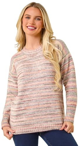 Roman Originals Thick Jumper for Women UK - Ladies Winter Autumn Smart Casual Knit Knitted Knitwear Pull-On Round Crew Neck Long Sleeve Work Office Dinner Party - Petite Biscuit - Size 16