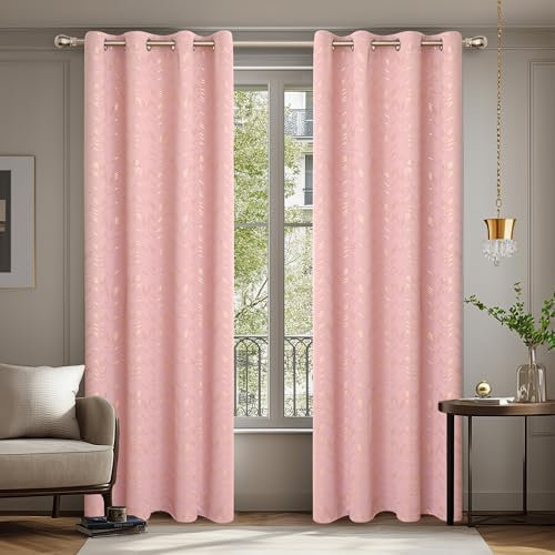 Deconovo Verdunkelungsvorhänge mit Ösen Blickdichte Gardinen Wohnzimmer Dicke Wärmeschutz VorhängeKälteschutz Thermogardine mit Linienmuster, 175x140 cm(HöhexBreite), Korallenrose, 2er Set