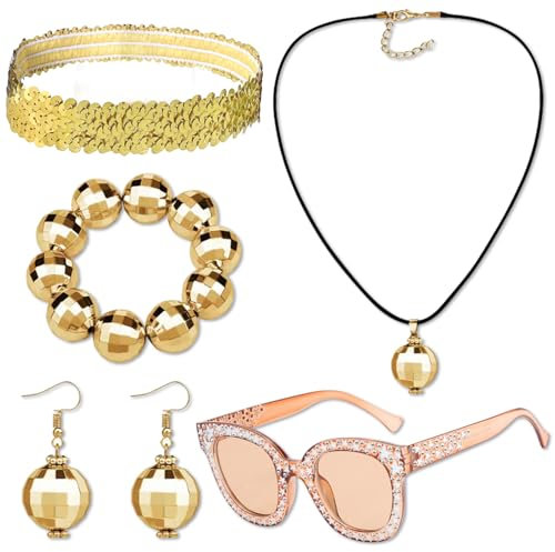 YUSHWENPTY Disco Accessoires Damen 6 Stück 70er Jahre Accessoires Ohrringe Discokugel Kette Armband Glitzer Brille Haarreif für 1970er Disco Outfit, Fotografie Requisiten, Partyzubehör (Gold)